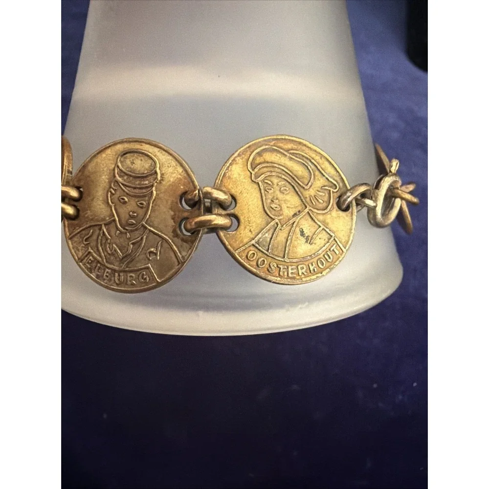 Vintage Dutch Folk Attire Coin Link  Bracelet Gold Tone Copper Friesland 7